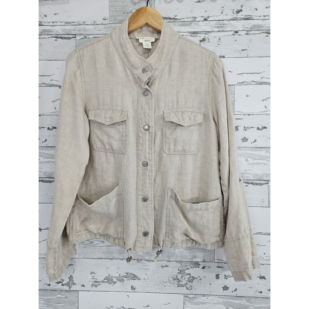 C C California Womens Small Linen Utility Jacket Textured Weave Beige